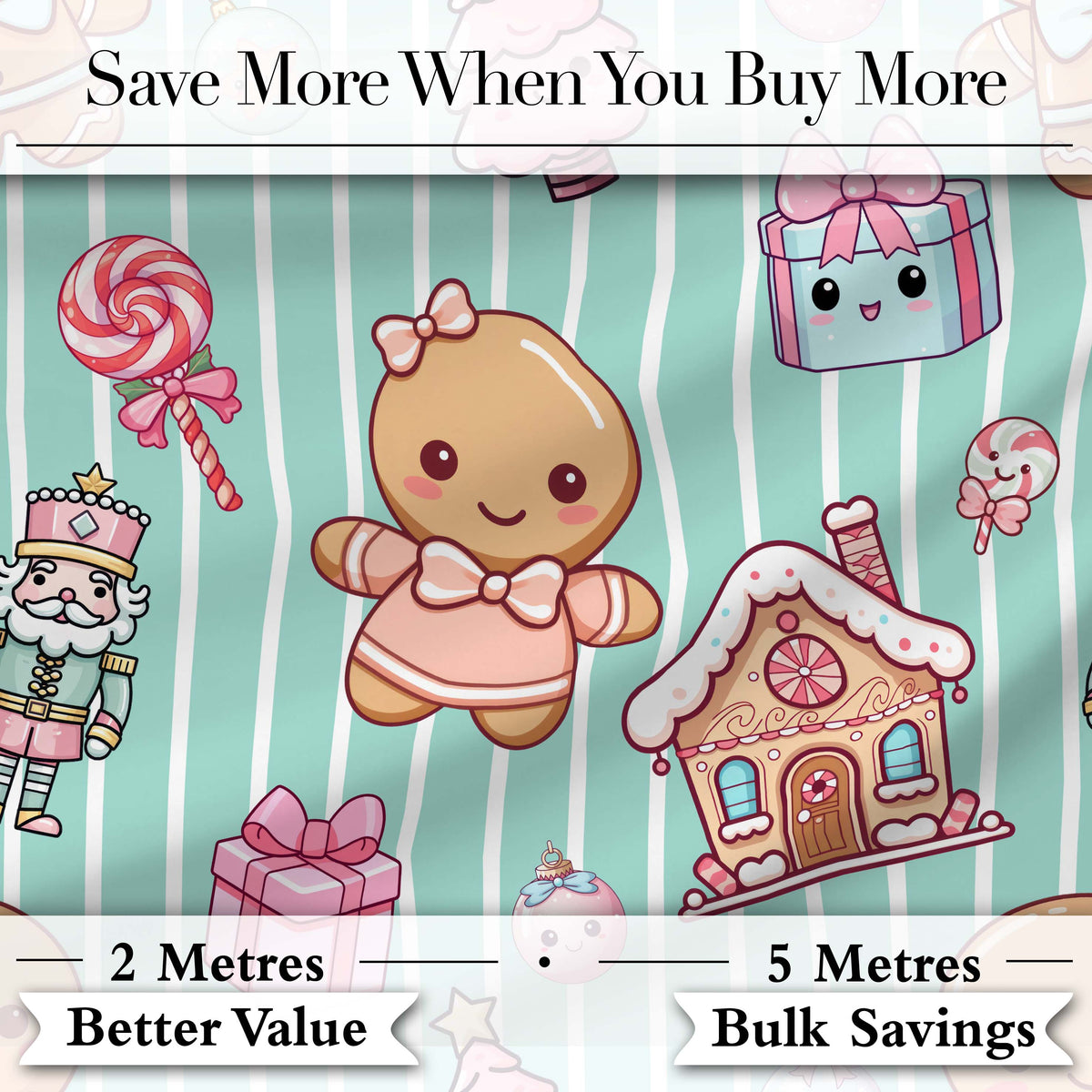 Cute Christmas Gingerbread Candy House Gifts Pattern Teal Stripe Background Digital Print Fabric by the Metre UK Sewing Quilting Textile