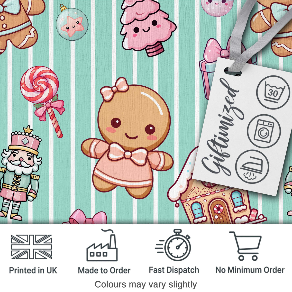 Cute Christmas Gingerbread Candy House Gifts Pattern Teal Stripe Background Digital Print Fabric by the Metre UK Sewing Quilting Textile