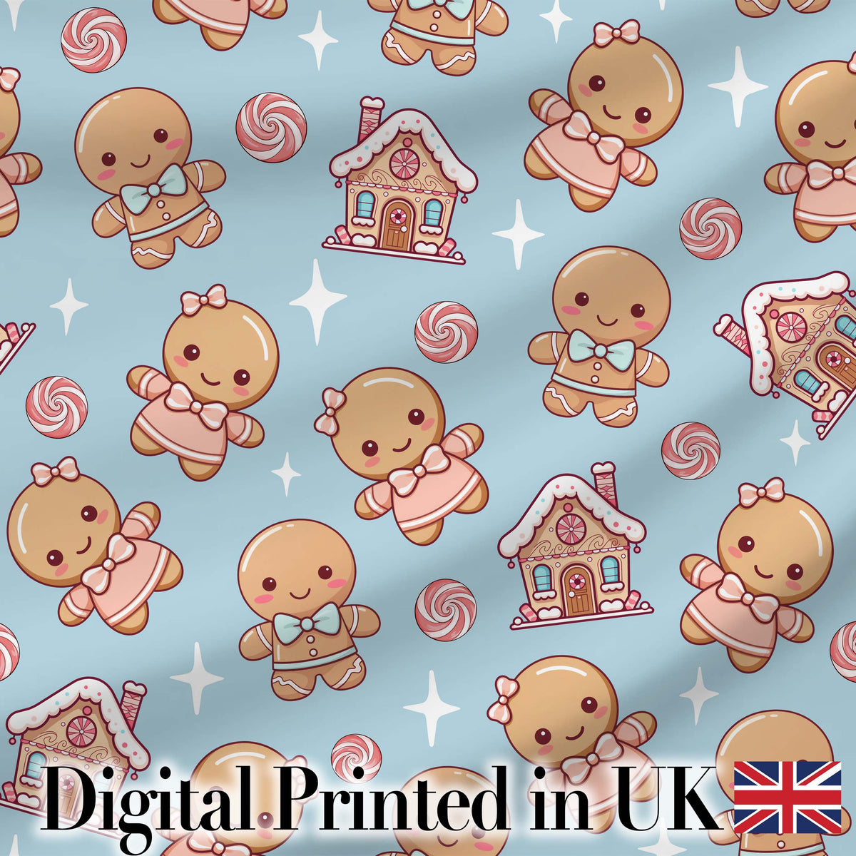 Cute Christmas Gingerbread Candy House Gifts Seamless Pattern Blue Background Digital Print Fabric by the Metre UK Sewing Quilting Textile