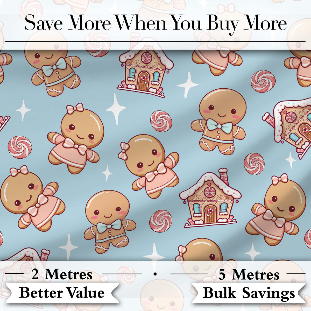 Cute Christmas Gingerbread Candy House Gifts Seamless Pattern Blue Background Digital Print Fabric by the Metre UK Sewing Quilting Textile