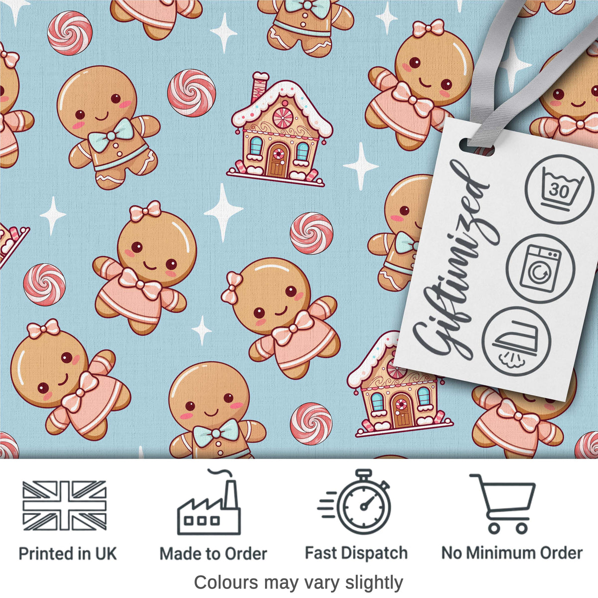 Cute Christmas Gingerbread Candy House Gifts Seamless Pattern Blue Background Digital Print Fabric by the Metre UK Sewing Quilting Textile