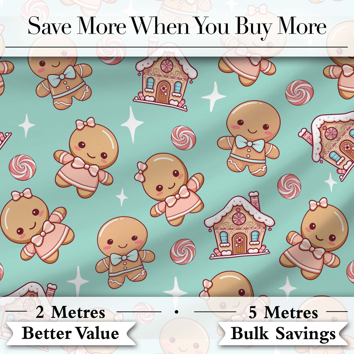 Cute Christmas Gingerbread Characters Candy House Pattern Teal Background Digital Print Fabric by the Metre UK Sewing Quilting Textile