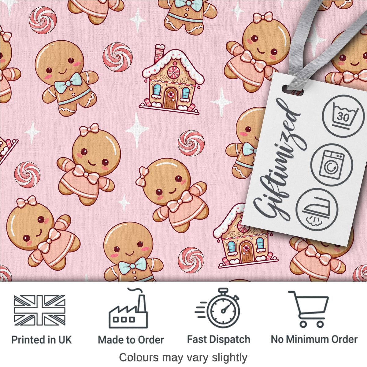 Cute Christmas Gingerbread Characters Candy House Light Pink Background Digital Print Fabric by the Metre UK Sewing Quilting Textile