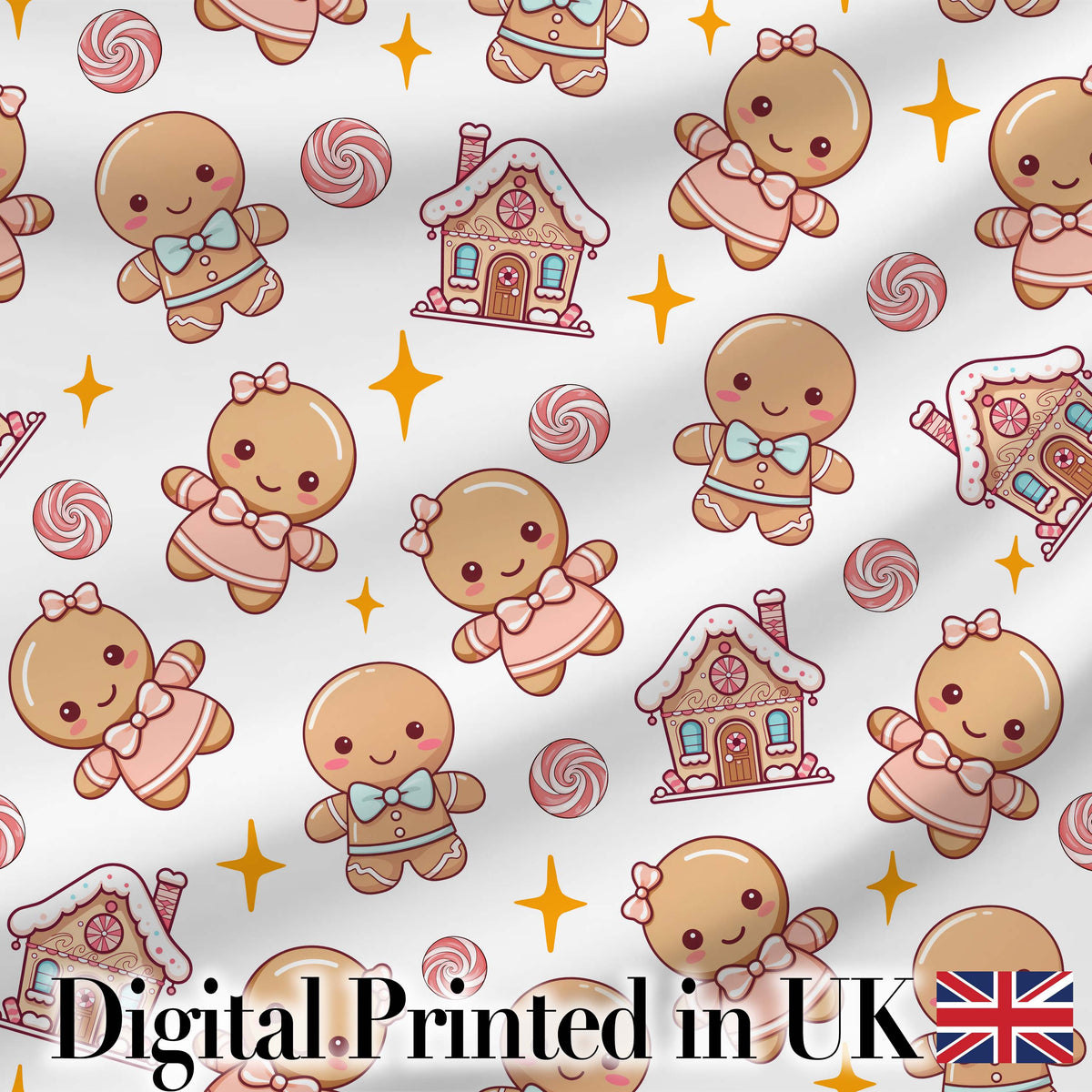 Cute Christmas Gingerbread Characters Candy House White Star Background Digital Print Fabric by the Metre UK Sewing Quilting Textile
