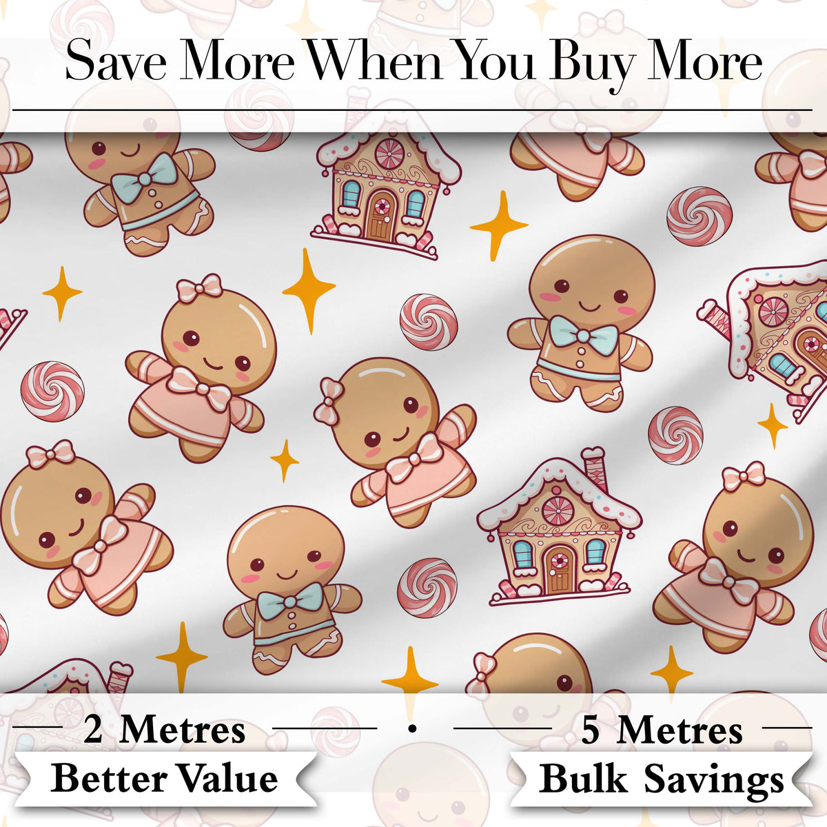 Cute Christmas Gingerbread Characters Candy House White Star Background Digital Print Fabric by the Metre UK Sewing Quilting Textile