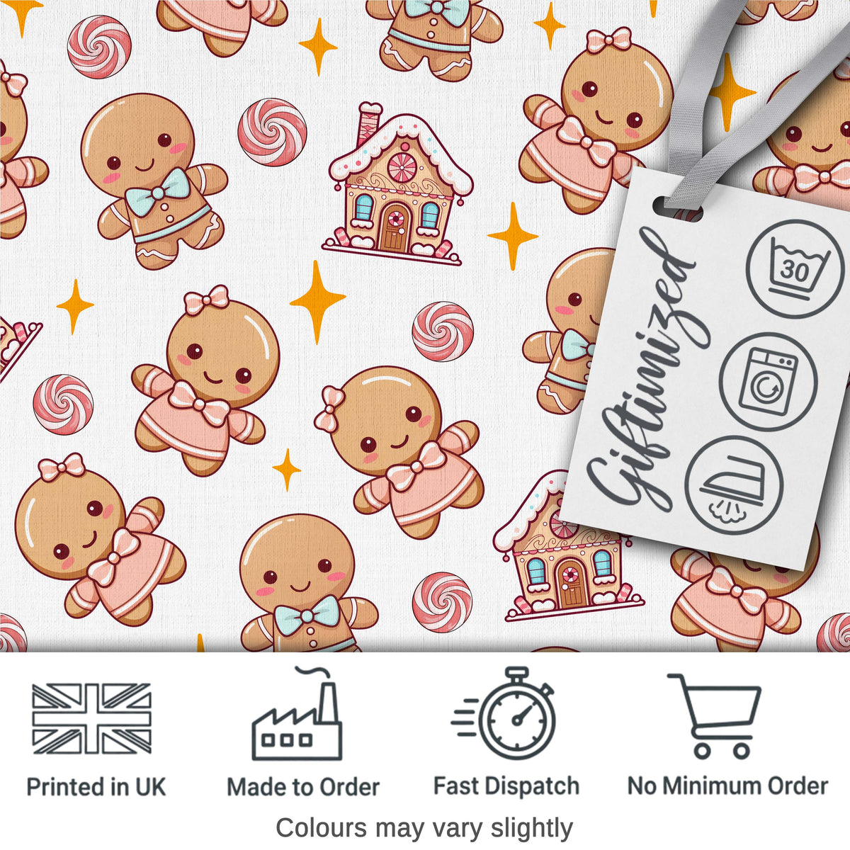 Cute Christmas Gingerbread Characters Candy House White Star Background Digital Print Fabric by the Metre UK Sewing Quilting Textile