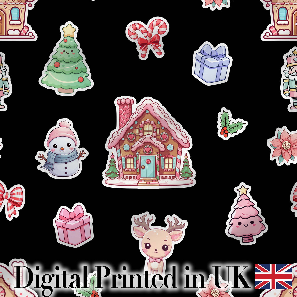 Cute Christmas Festive Stickers Snowman Tree House Pattern Black Background Digital Print Fabric by the Metre UK Sewing Quilting Textile
