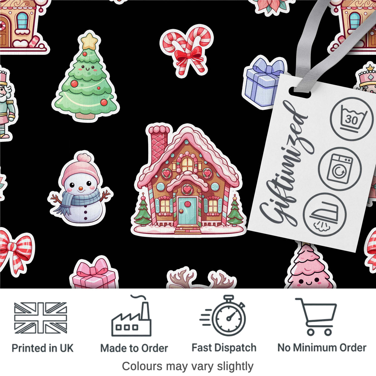 Cute Christmas Festive Stickers Snowman Tree House Pattern Black Background Digital Print Fabric by the Metre UK Sewing Quilting Textile