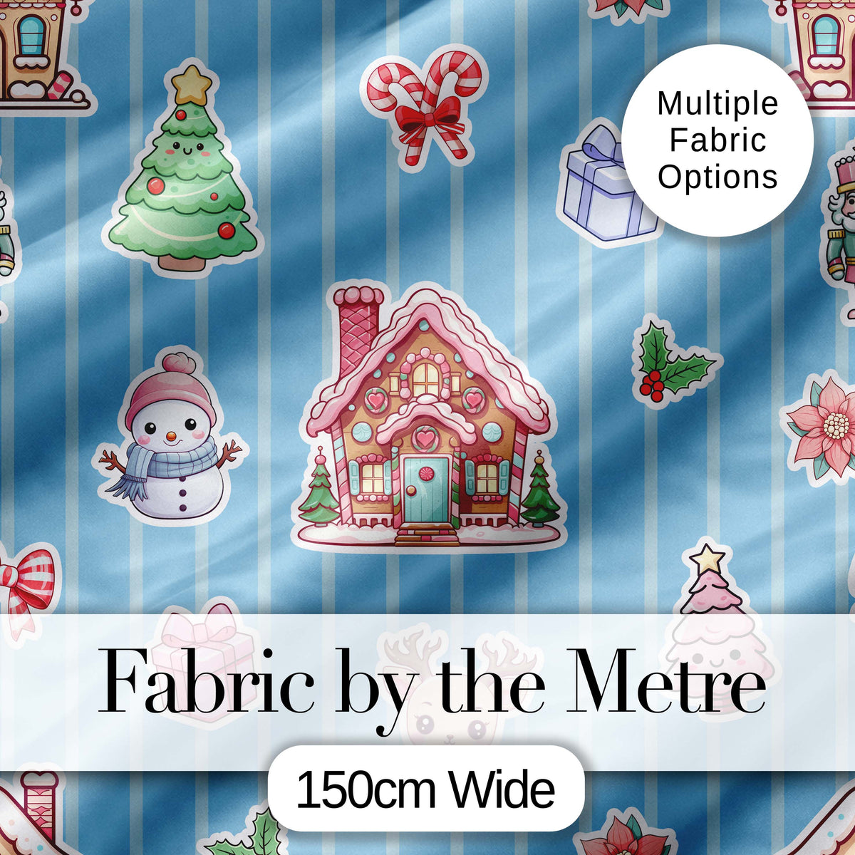 Cute Christmas Festive Stickers Gingerbread House Tree Blue Stripe Background Digital Print Fabric by the Metre UK Sewing Quilting Textile