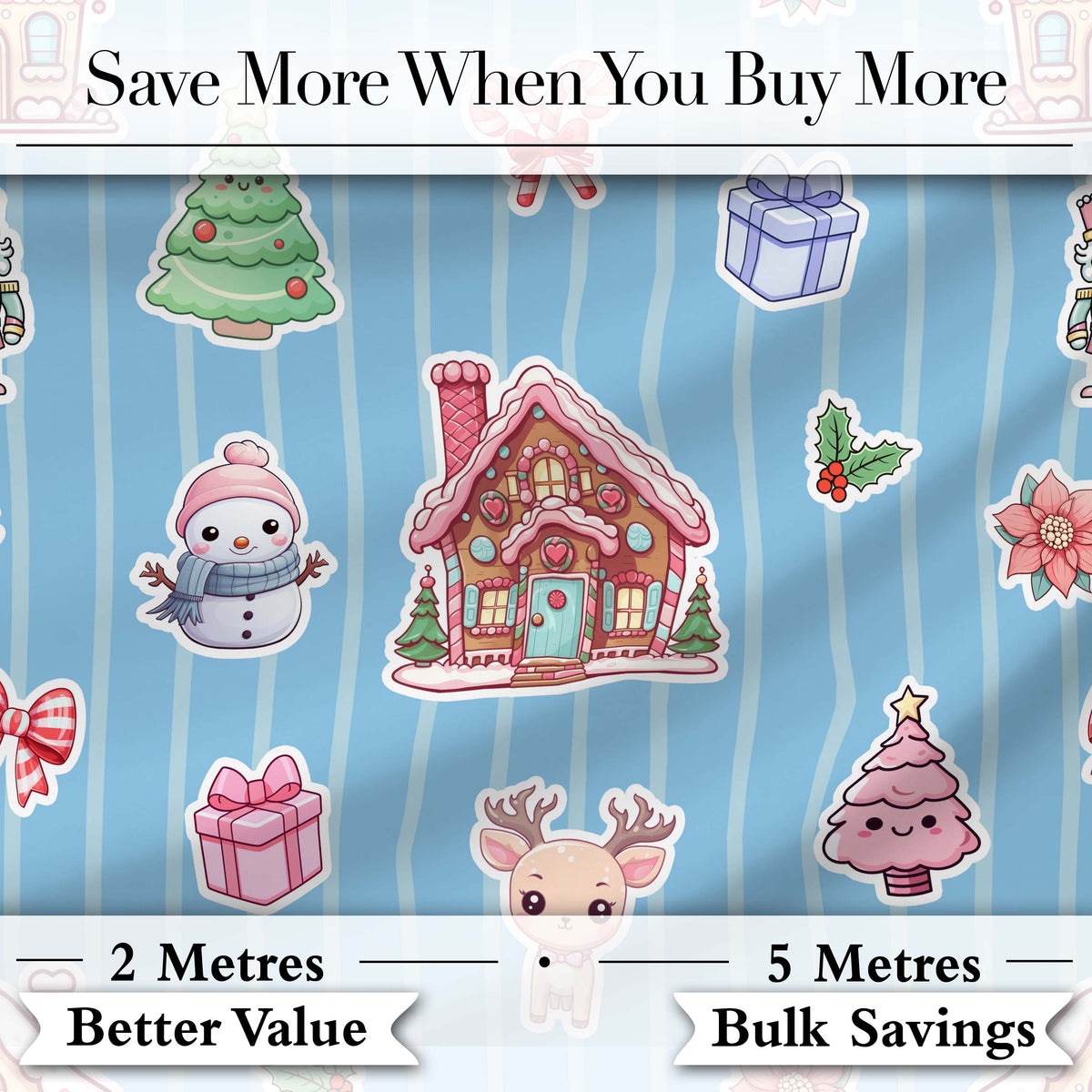 Cute Christmas Festive Stickers Gingerbread House Tree Blue Stripe Background Digital Print Fabric by the Metre UK Sewing Quilting Textile