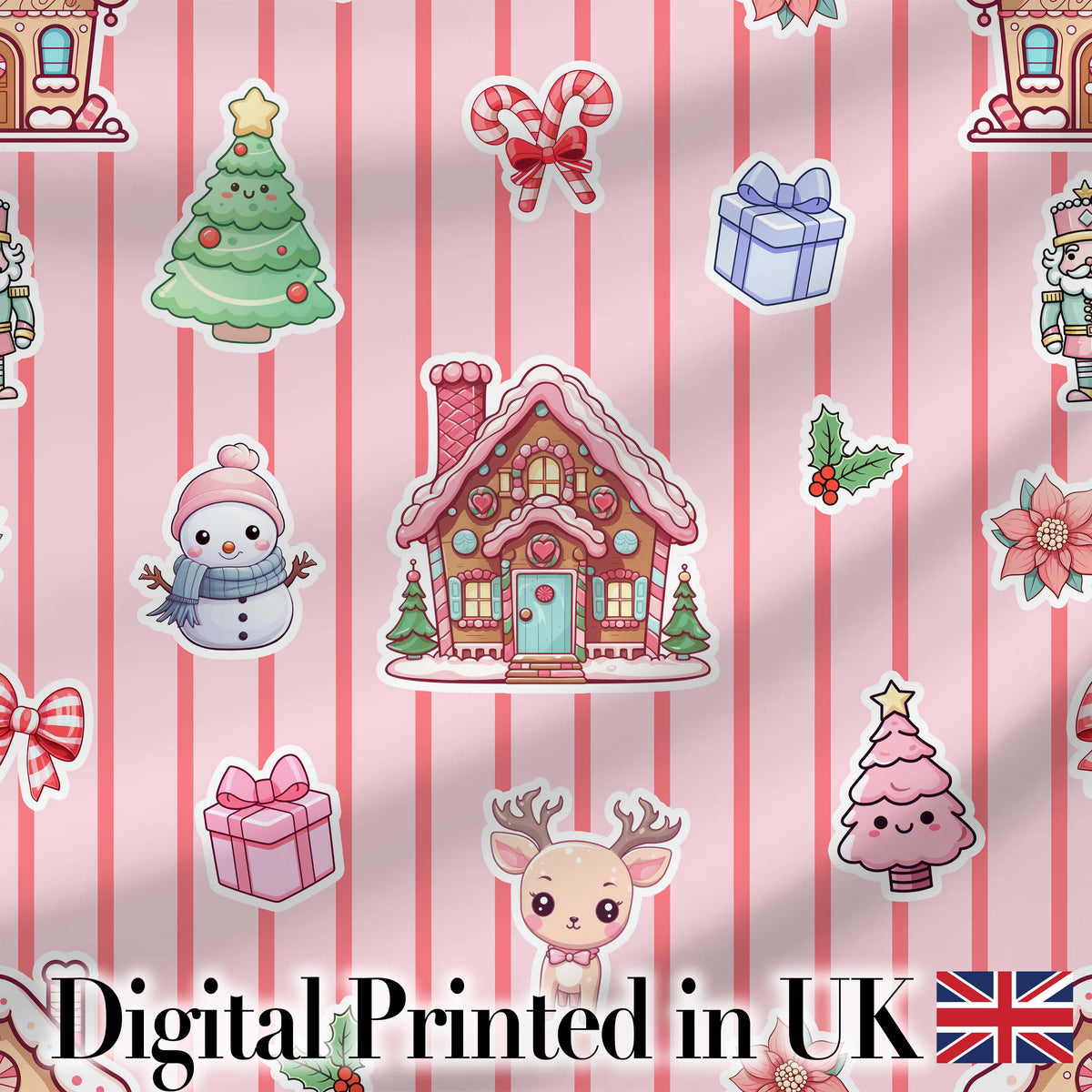 Christmas Festive Stickers Gingerbread House Tree Soft Pink Stripe Background Digital Print Fabric by the Metre UK Sewing Quilting Textile