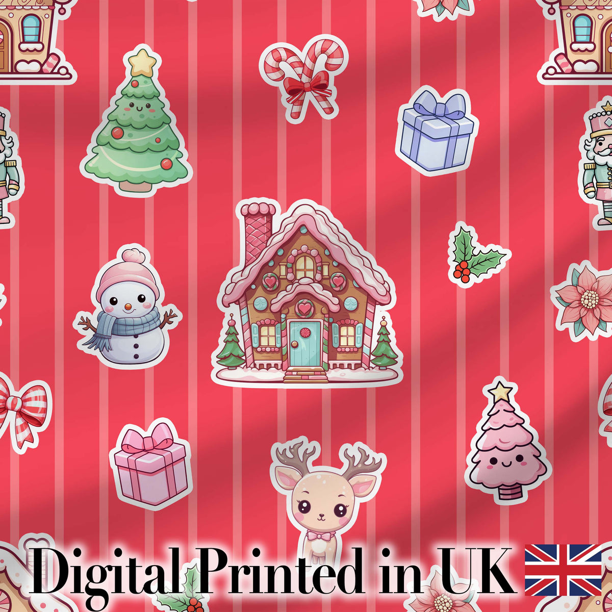 Cute Christmas Festive Stickers Gingerbread House Tree Red Stripe Background Digital Print Fabric by the Metre UK Sewing Quilting Textile