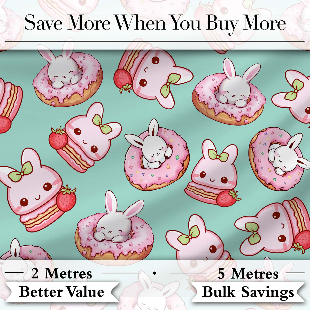 Cute Kawaii Bunny Donuts Strawberry Dessert Seamless Pattern Teal Background Digital Print Fabric by the Metre UK Sewing Quilting Textile