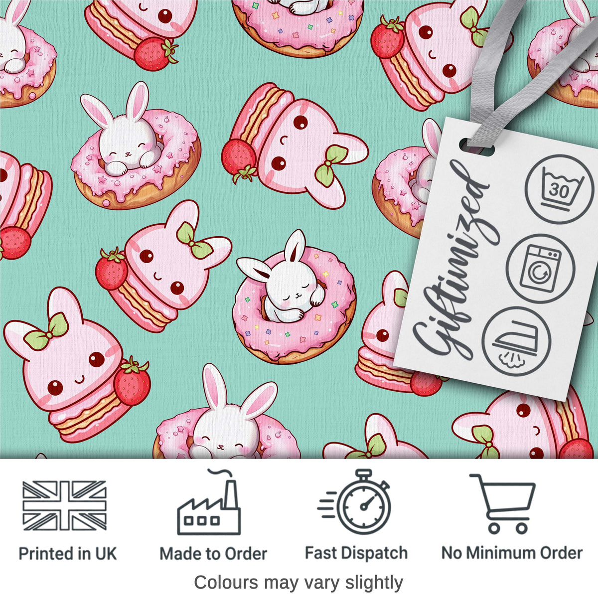 Cute Kawaii Bunny Donuts Strawberry Dessert Seamless Pattern Teal Background Digital Print Fabric by the Metre UK Sewing Quilting Textile