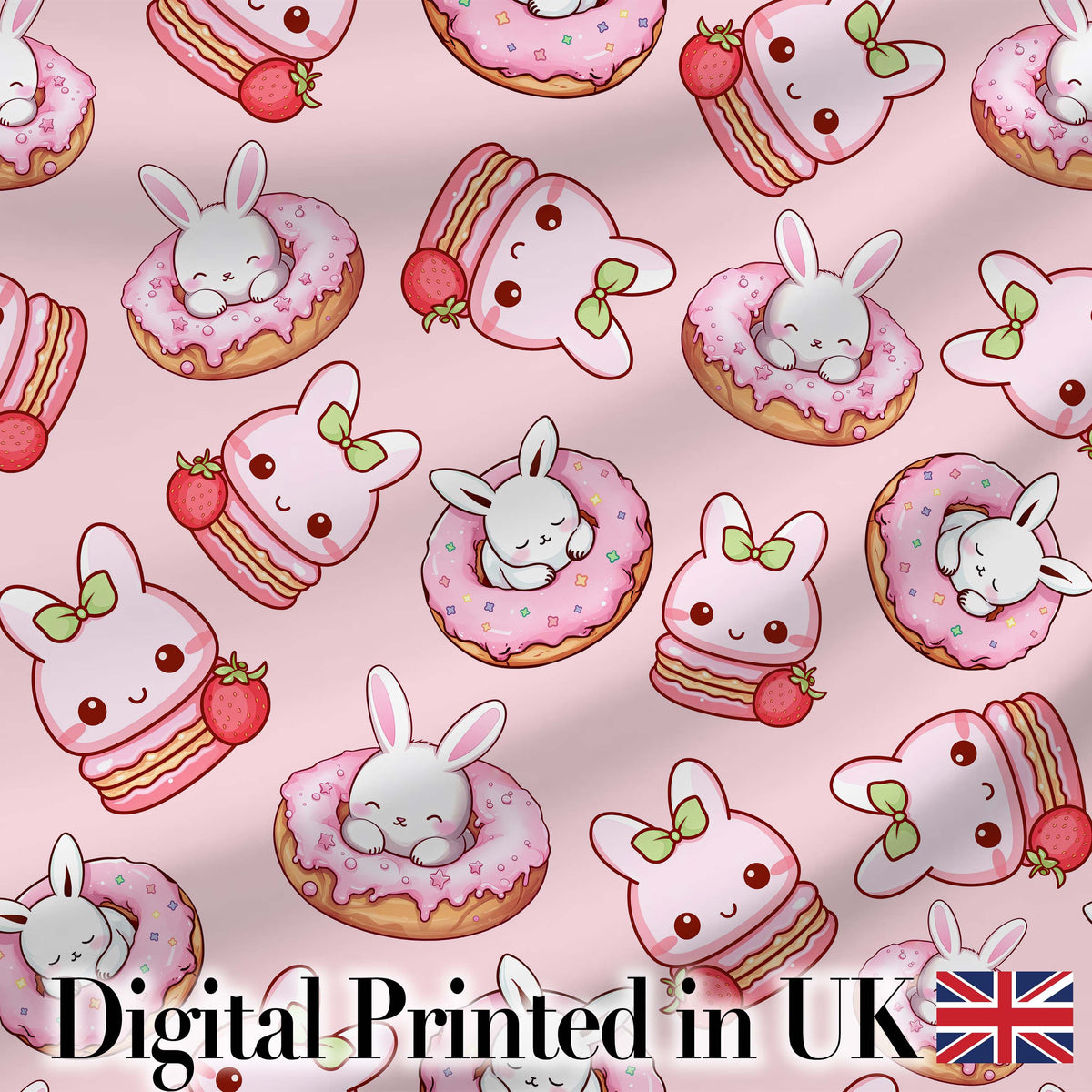 Cute Kawaii Bunny Donuts Strawberry Dessert Pattern Blush Pink Background Digital Print Fabric by the Metre UK Sewing Quilting Textile