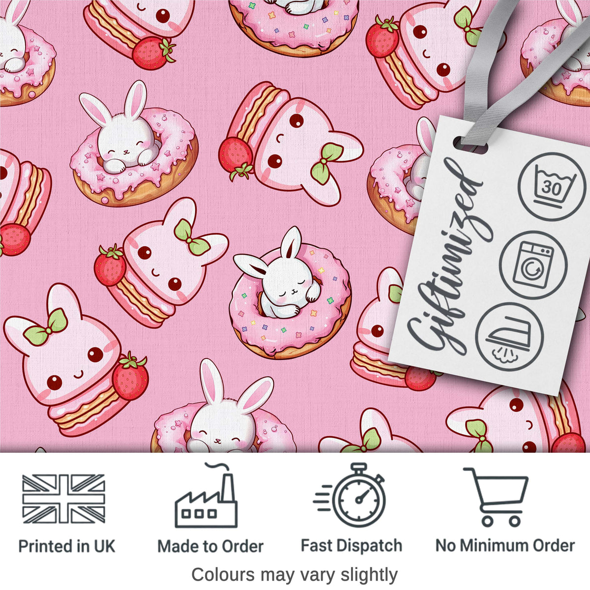 Cute Kawaii Bunny Donuts Strawberry Dessert Pattern Soft Pink Background Digital Print Fabric by the Metre UK Sewing Quilting Textile