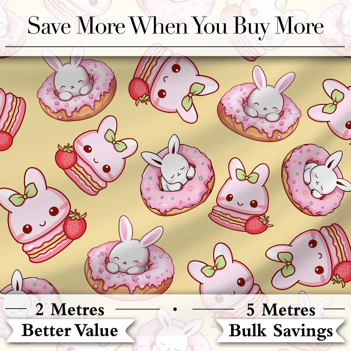 Cute Kawaii Bunny Donuts Strawberry Dessert Pattern Pastel Yellow Background Digital Print Fabric by the Metre UK Sewing Quilting Textile