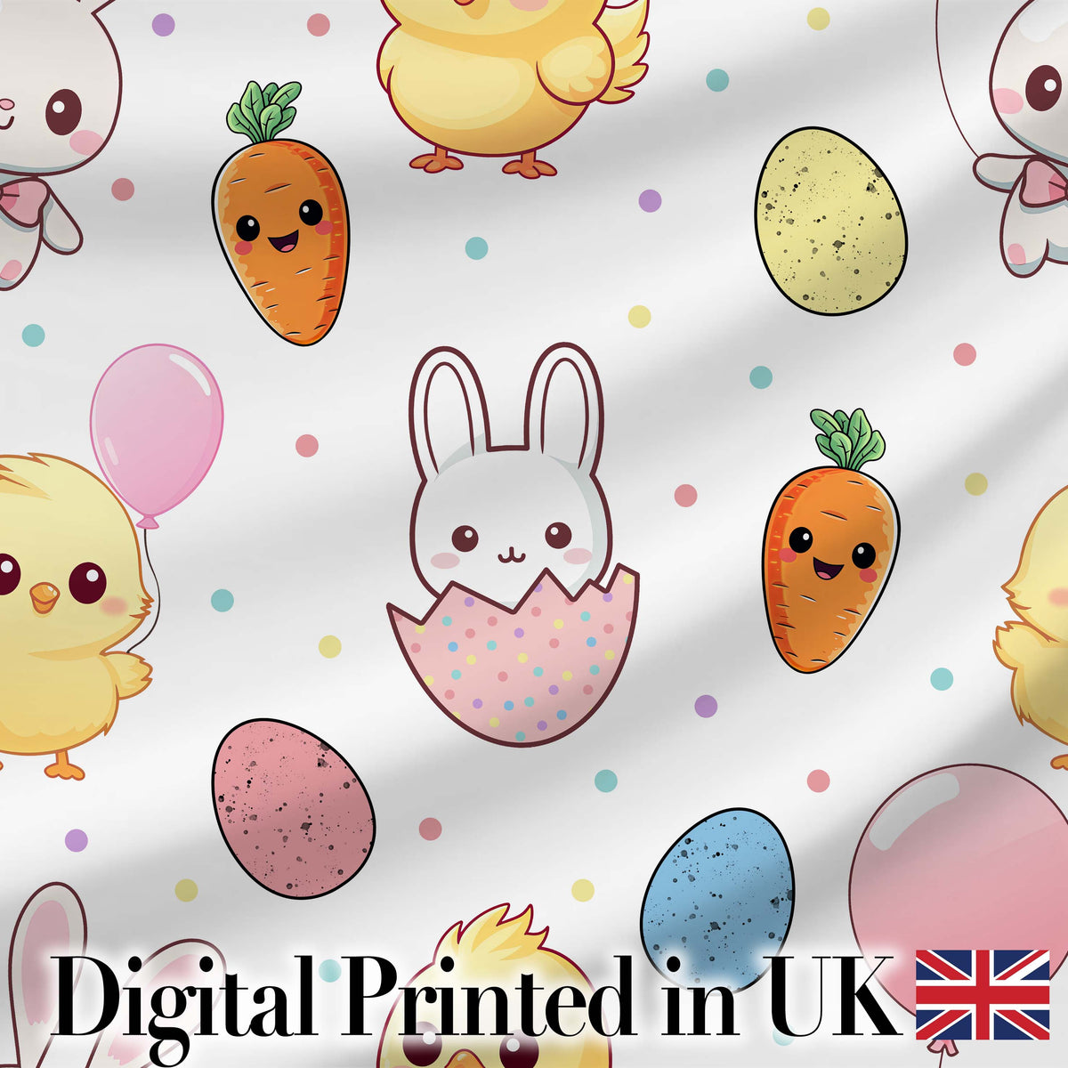 Cute Easter Bunny Chick Carrots Eggs Polka Dot Pattern Light Grey Background Digital Print Fabric by the Metre UK Sewing Quilting Textile