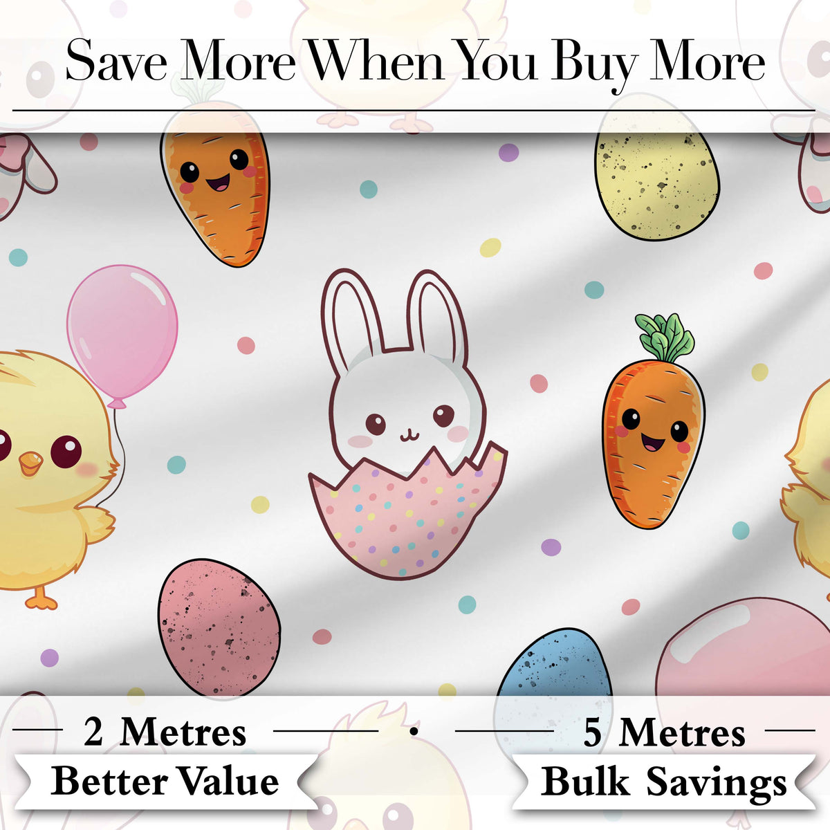 Cute Easter Bunny Chick Carrots Eggs Polka Dot Pattern Light Grey Background Digital Print Fabric by the Metre UK Sewing Quilting Textile