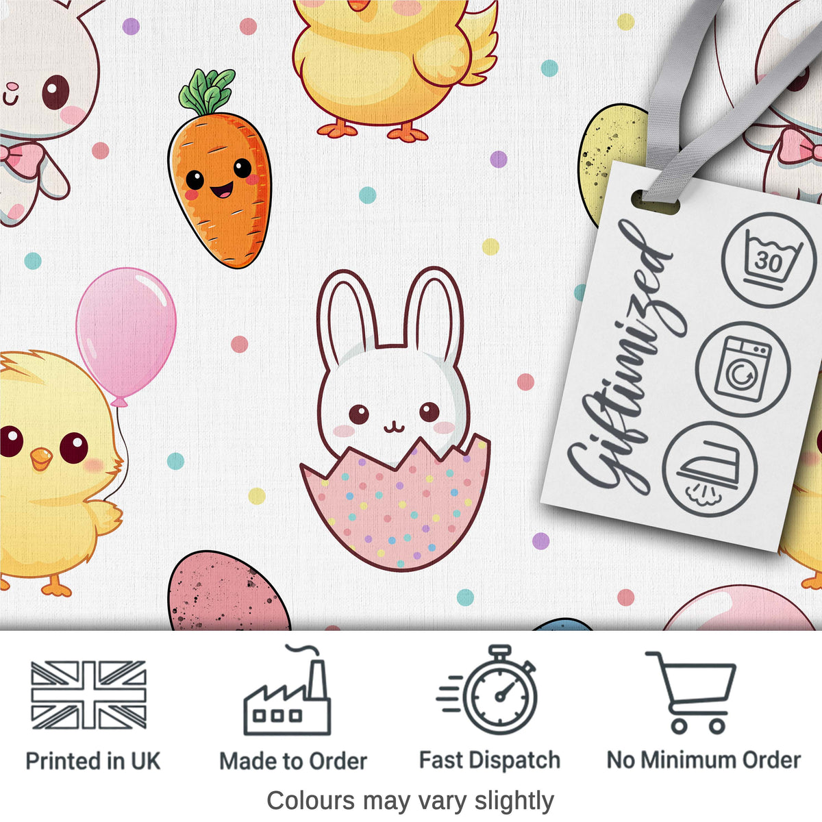 Cute Easter Bunny Chick Carrots Eggs Polka Dot Pattern Light Grey Background Digital Print Fabric by the Metre UK Sewing Quilting Textile