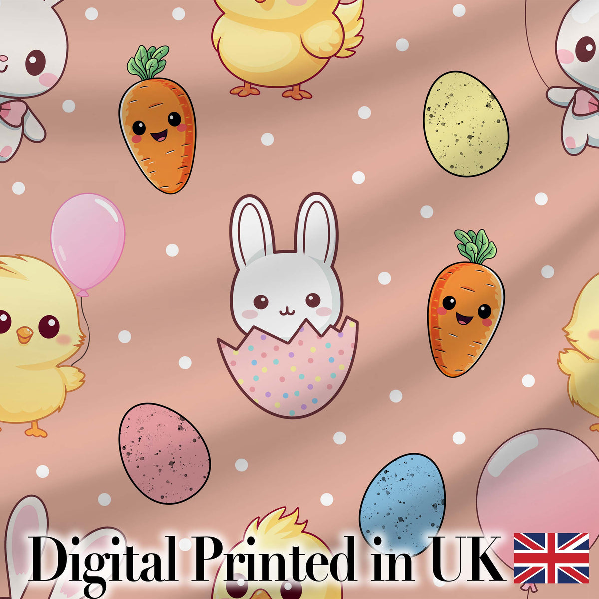 Cute Easter Bunny Chick Carrots Eggs Polka Dot Pattern Beige Background Digital Print Fabric by the Metre UK Sewing Quilting Textile