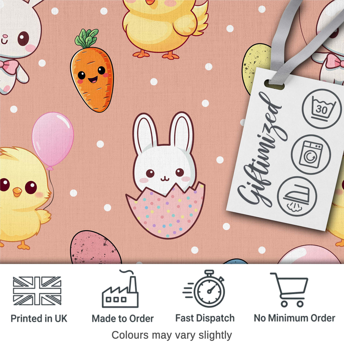 Cute Easter Bunny Chick Carrots Eggs Polka Dot Pattern Beige Background Digital Print Fabric by the Metre UK Sewing Quilting Textile