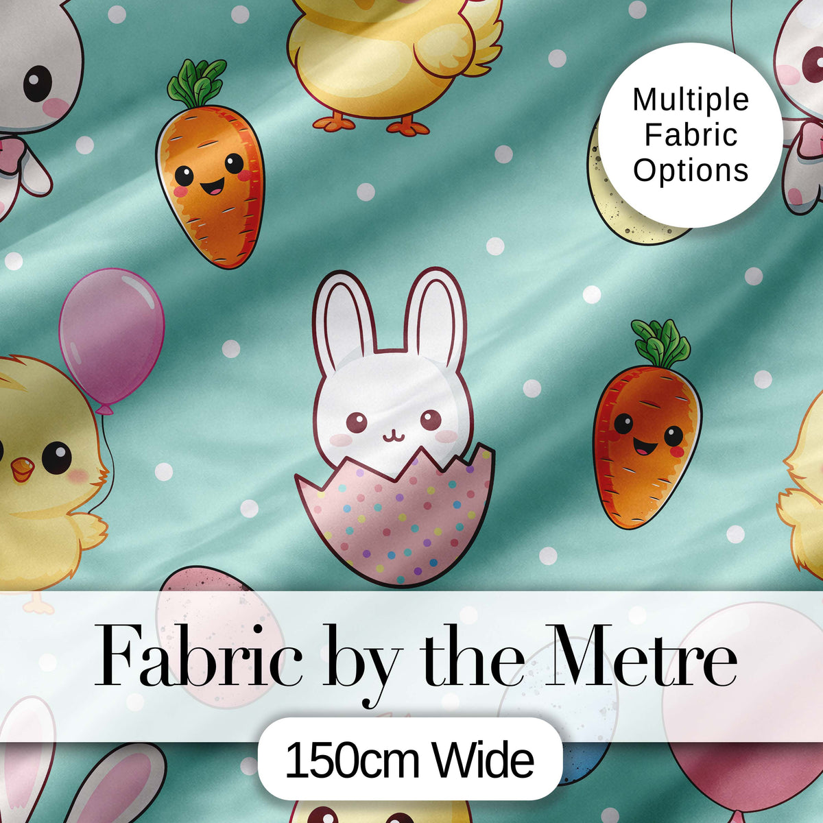 Cute Easter Bunny Chick Carrots Eggs Polka Dot Seamless Pattern Mint Background Digital Print Fabric by the Metre UK Sewing Quilting Textile