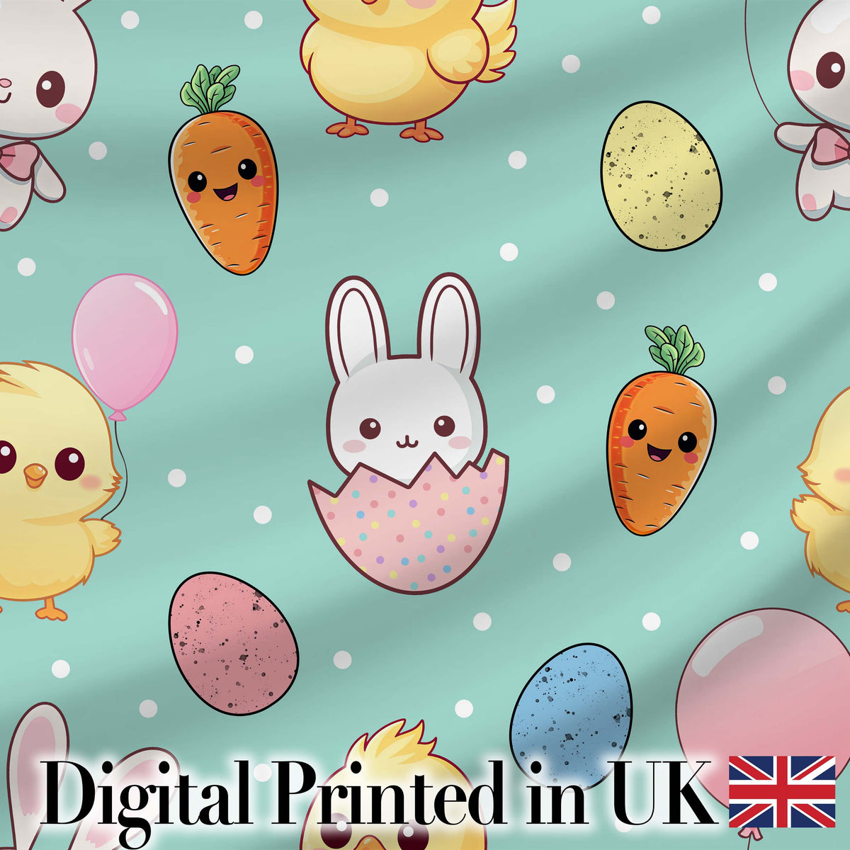 Cute Easter Bunny Chick Carrots Eggs Polka Dot Seamless Pattern Mint Background Digital Print Fabric by the Metre UK Sewing Quilting Textile