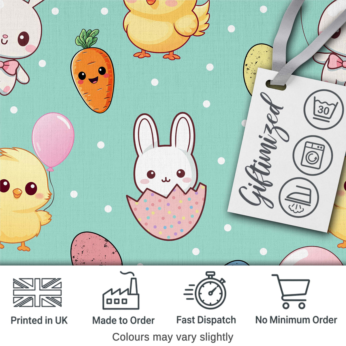 Cute Easter Bunny Chick Carrots Eggs Polka Dot Seamless Pattern Mint Background Digital Print Fabric by the Metre UK Sewing Quilting Textile