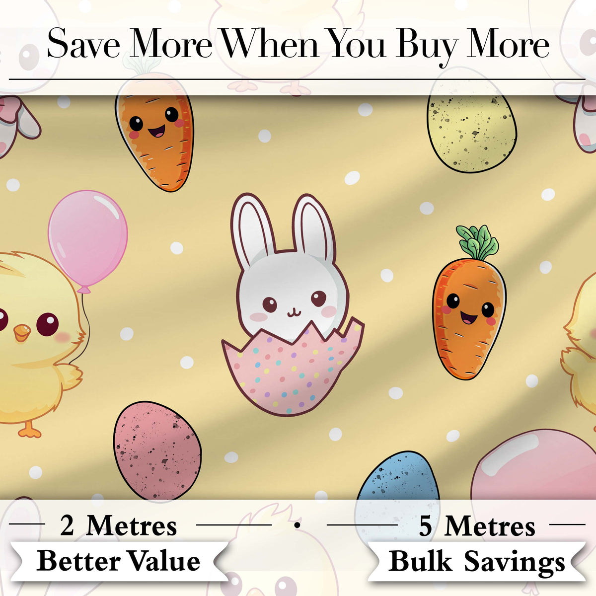 Cute Easter Bunny Chick Carrots Eggs Polka Dot Pastel Yellow Background Digital Print Fabric by the Metre UK Sewing Quilting Textile