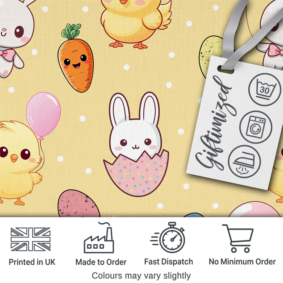 Cute Easter Bunny Chick Carrots Eggs Polka Dot Pastel Yellow Background Digital Print Fabric by the Metre UK Sewing Quilting Textile