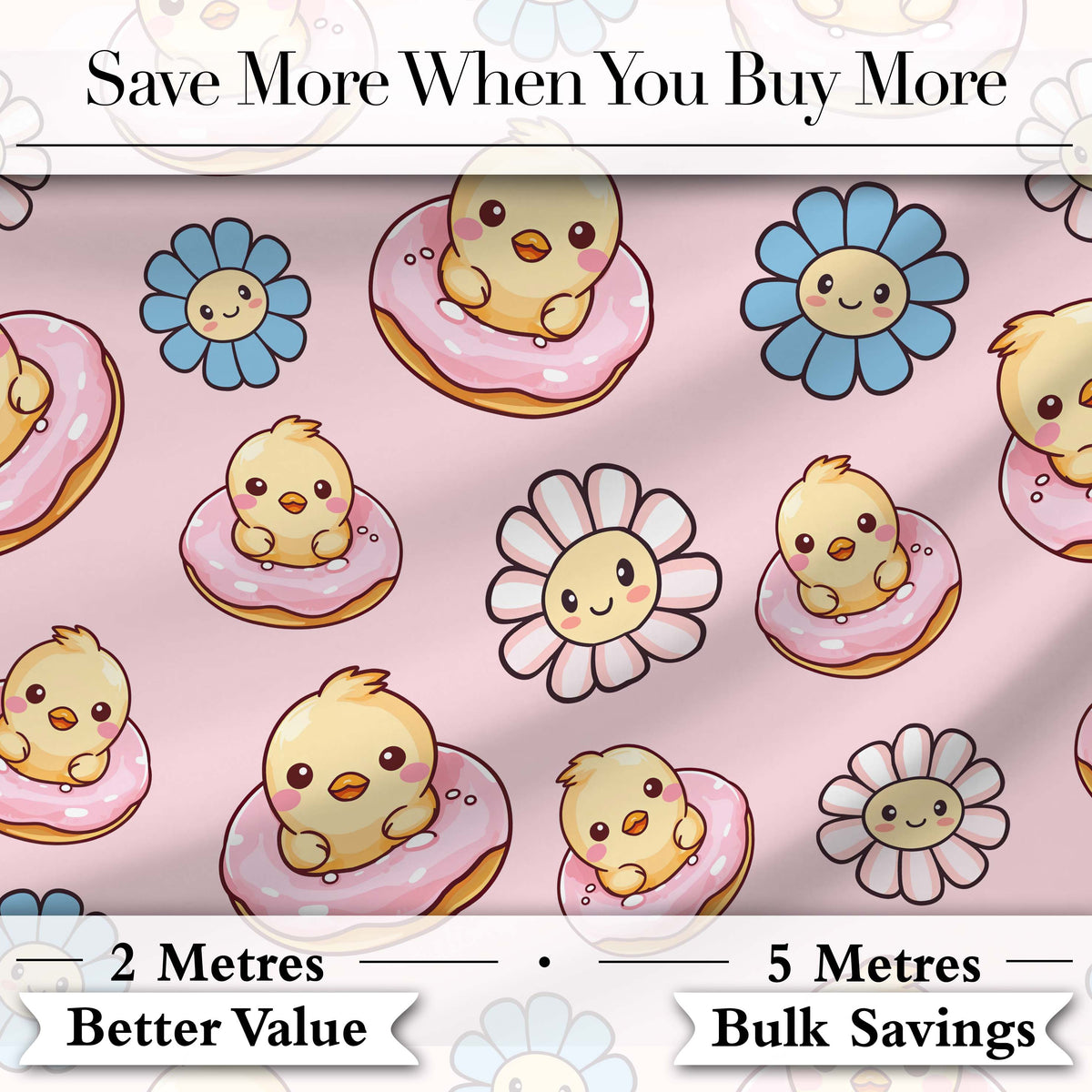 Cute Baby Chick Donut Flowers Seamless Pattern Light Pink Background Digital Print Fabric by the Metre UK Sewing Quilting Textile