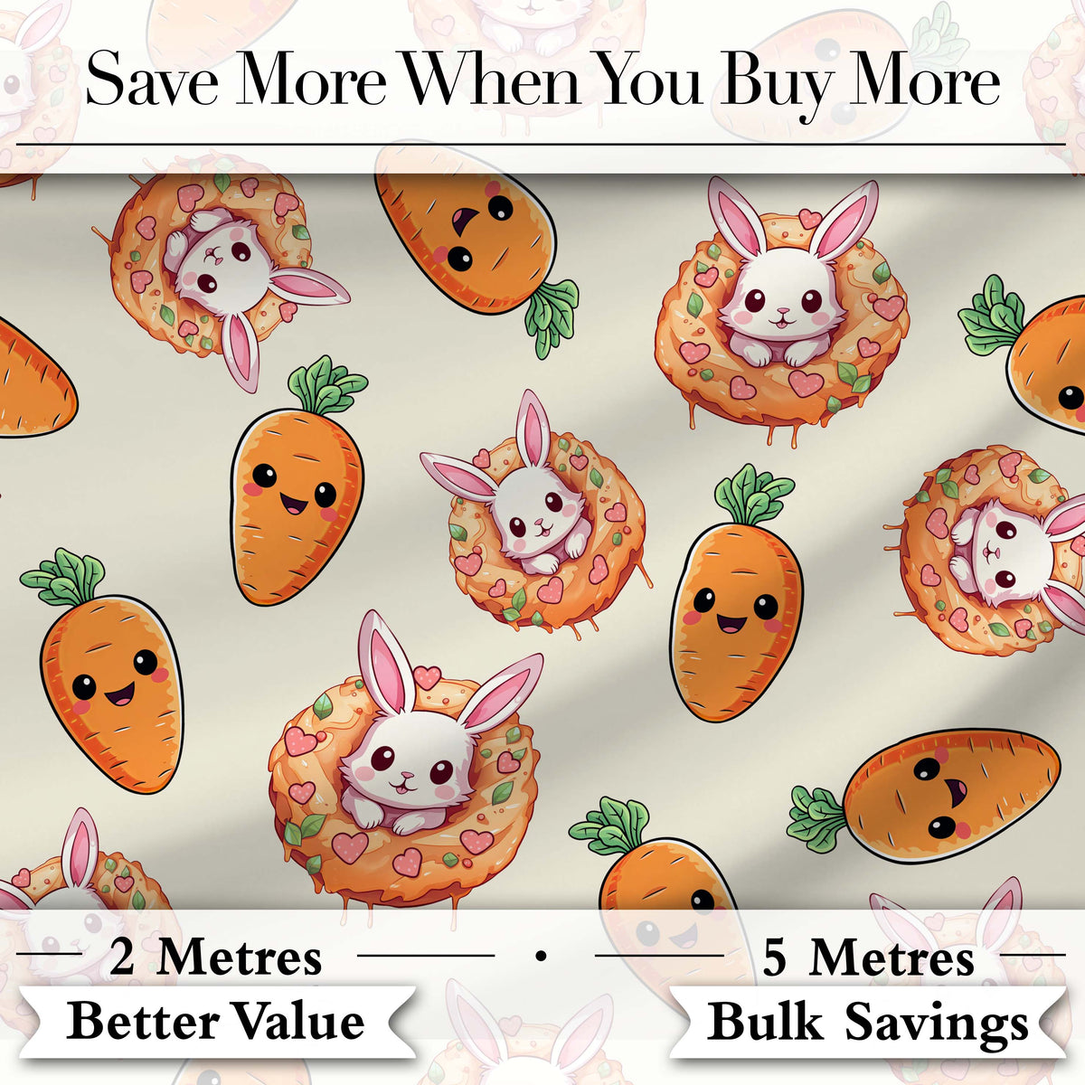 Cute Easter Bunny Carrot Donut Hearts Seamless Pattern Cream Background Digital Print Fabric by the Metre UK Sewing Quilting Textile