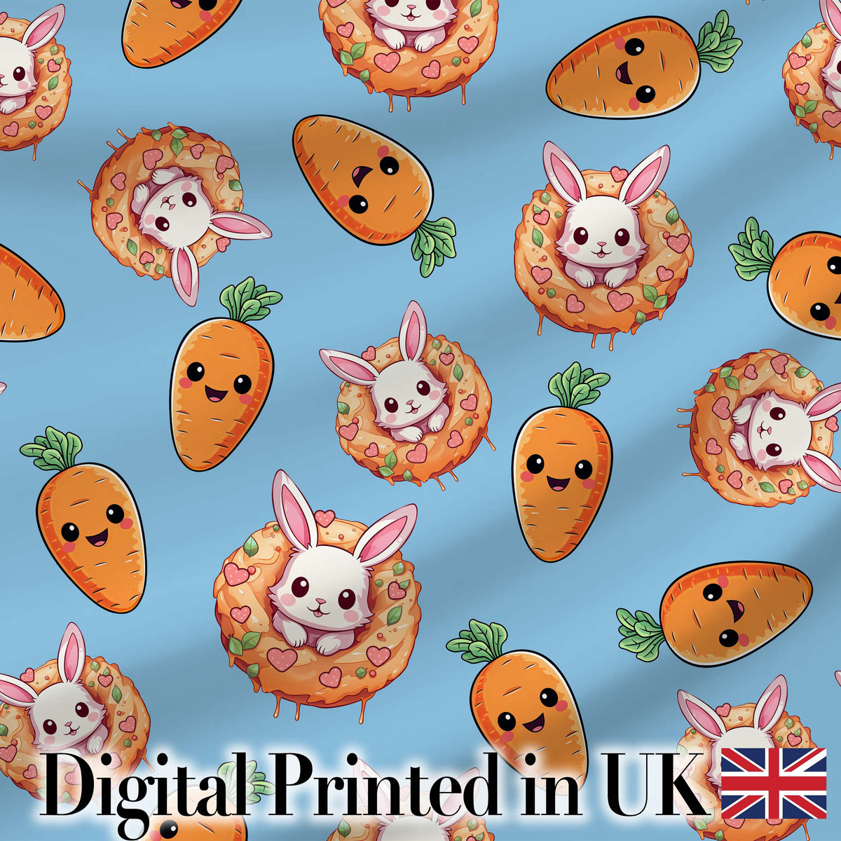 Cute Easter Bunny Carrot Donut Hearts Seamless Pattern Sky Blue Background Digital Print Fabric by the Metre UK Sewing Quilting Textile