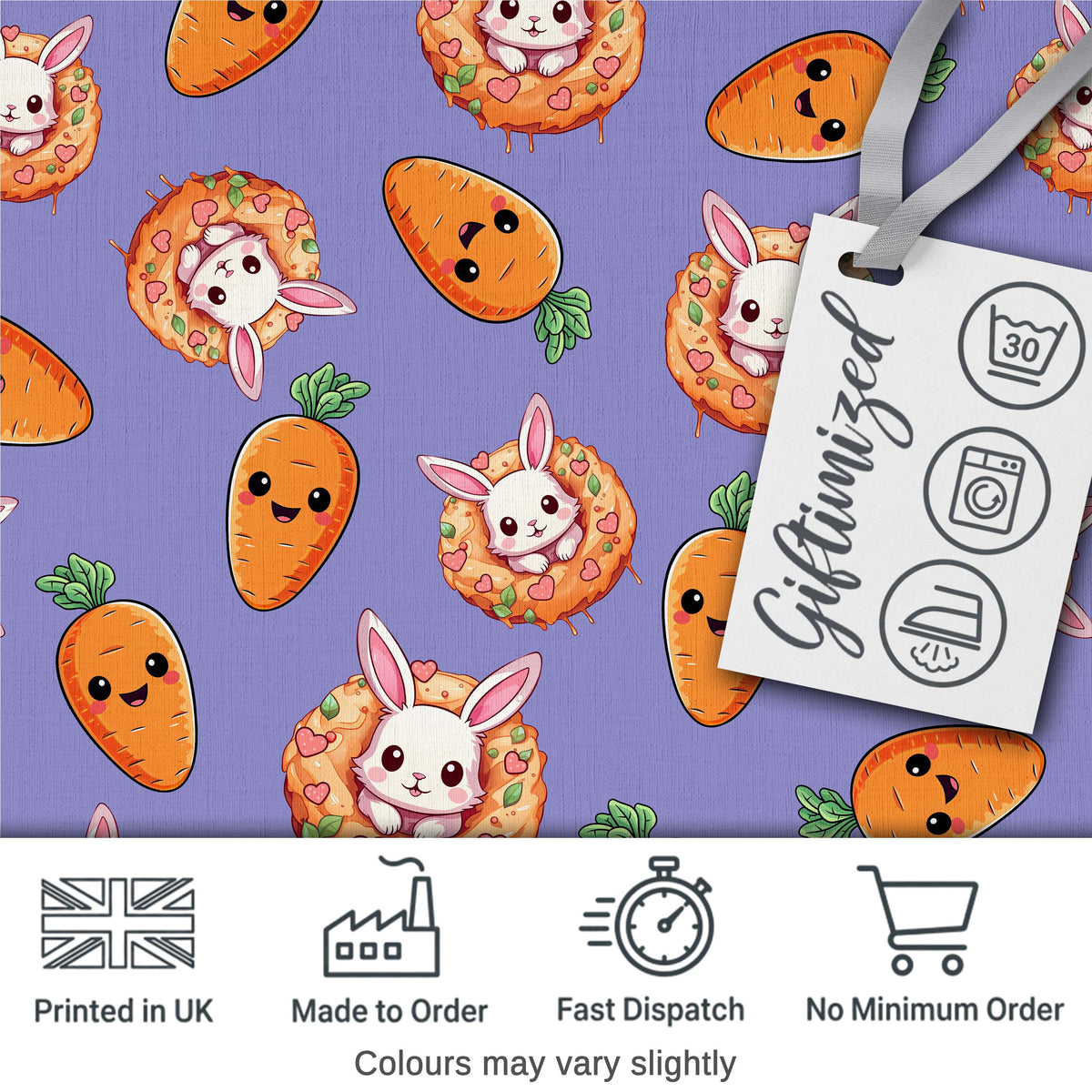 Cute Easter Bunny Carrot Donut Hearts Pattern Lavender Purple Background Digital Print Fabric by the Metre UK Sewing Quilting Textile