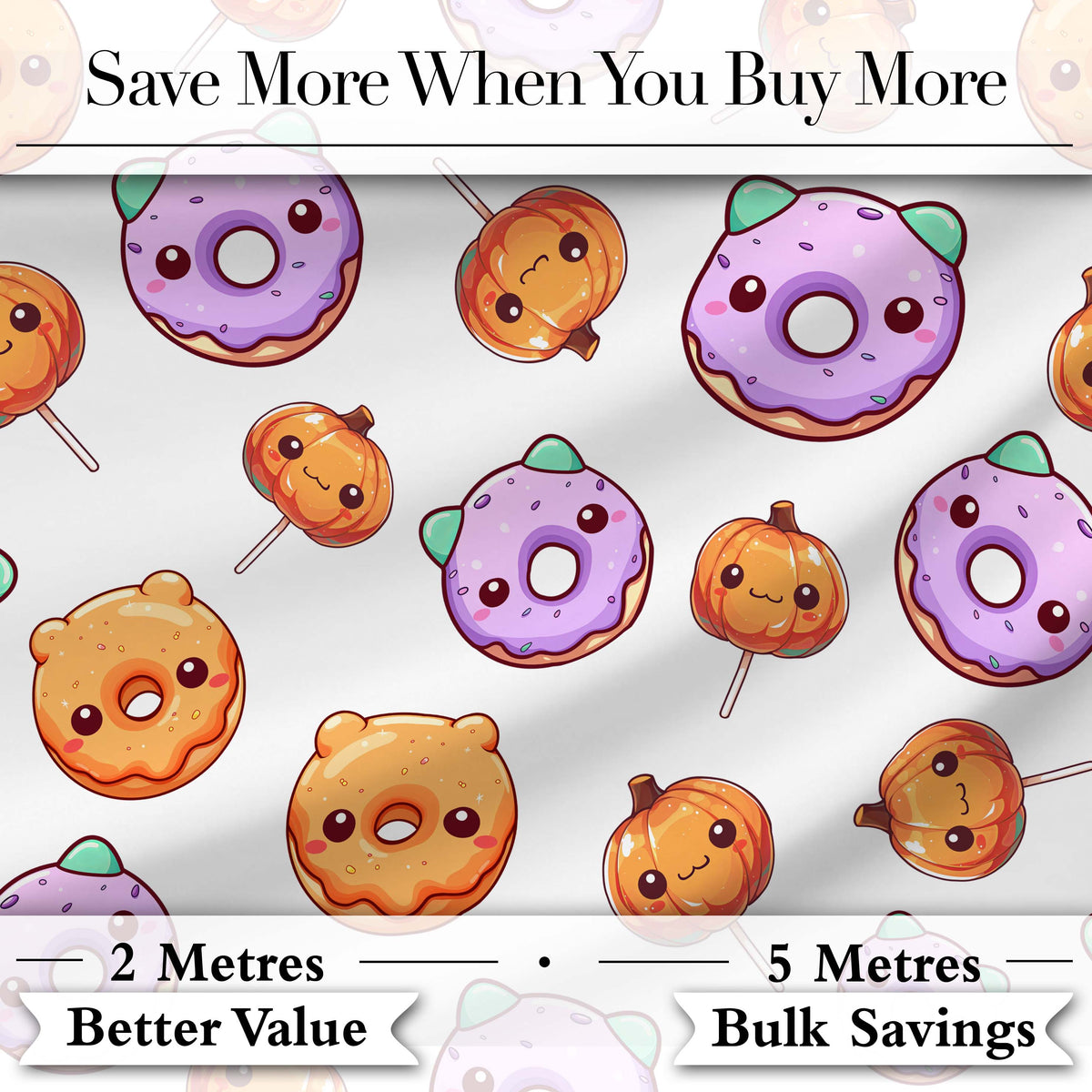 Cute Kawaii Donuts Pumpkin Lollipop Seamless Pattern Light Grey Background Digital Print Fabric by the Metre UK Sewing Quilting Textile