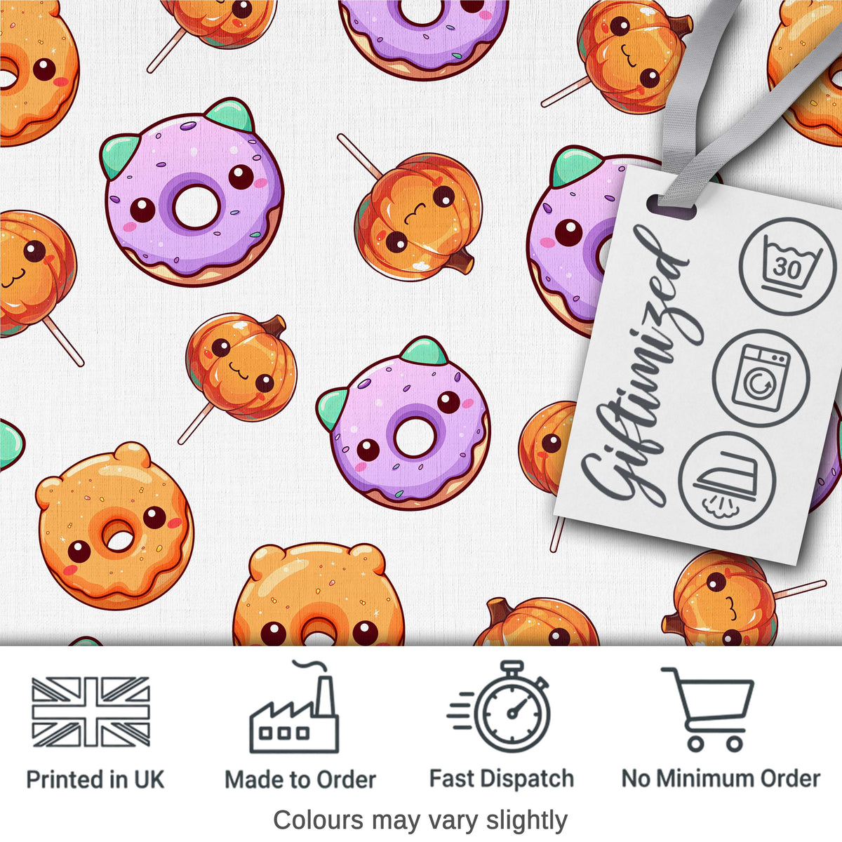 Cute Kawaii Donuts Pumpkin Lollipop Seamless Pattern Light Grey Background Digital Print Fabric by the Metre UK Sewing Quilting Textile