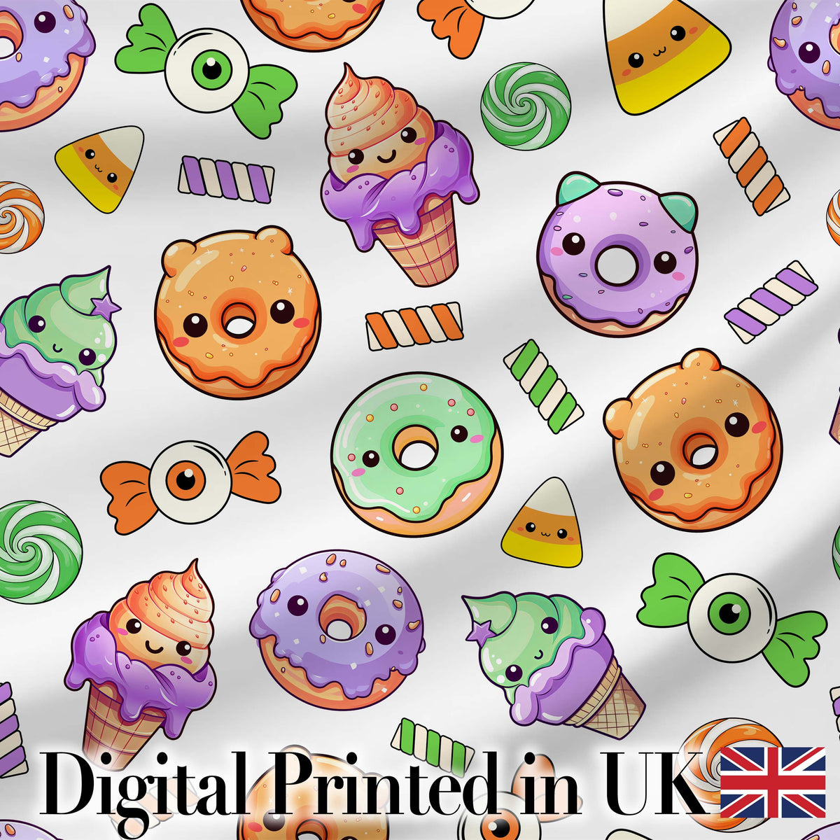 Cute Halloween Candy Donuts Ice Cream Kawaii Pattern Light Grey Background Digital Print Fabric by the Metre UK Sewing Quilting Textile