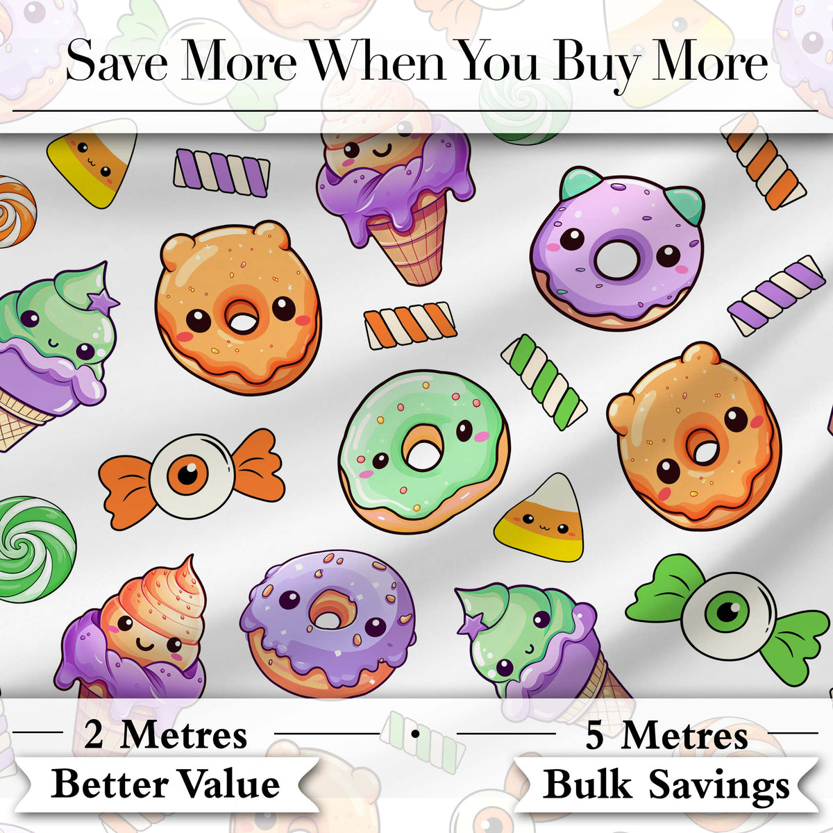 Cute Halloween Candy Donuts Ice Cream Kawaii Pattern Light Grey Background Digital Print Fabric by the Metre UK Sewing Quilting Textile