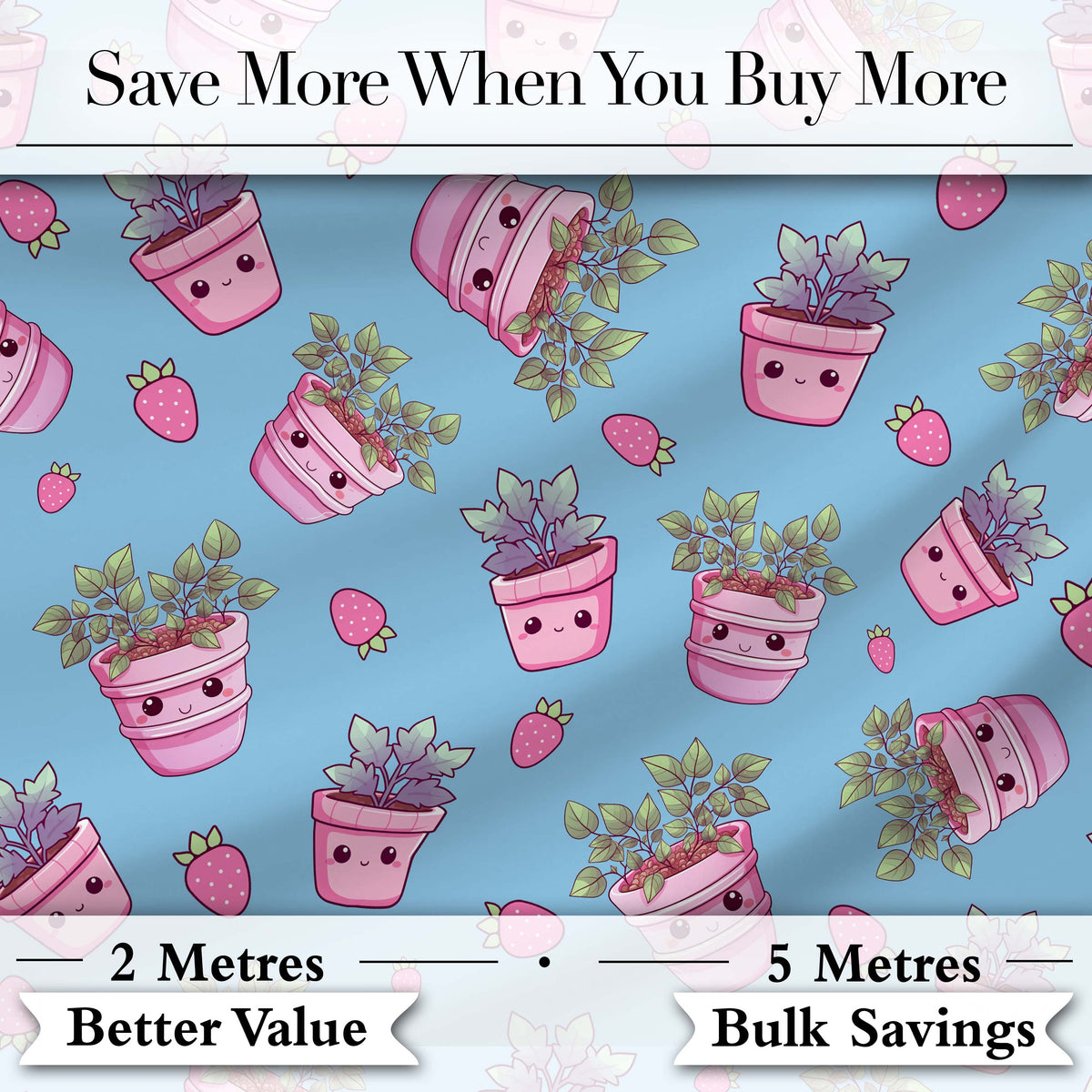 Cute Pink Plant Pots Leaves Strawberry Seamless Pattern Sky Blue Background Digital Print Fabric by the Metre UK Sewing Quilting Textile