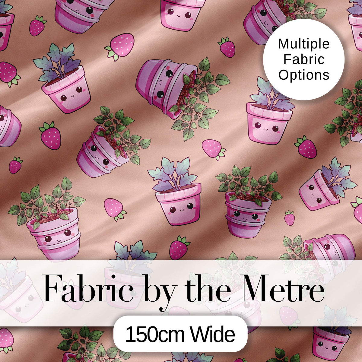 Cute Pink Plant Pots Leaves Strawberry Seamless Pattern Peach Background Digital Print Fabric by the Metre UK Sewing Quilting Textile