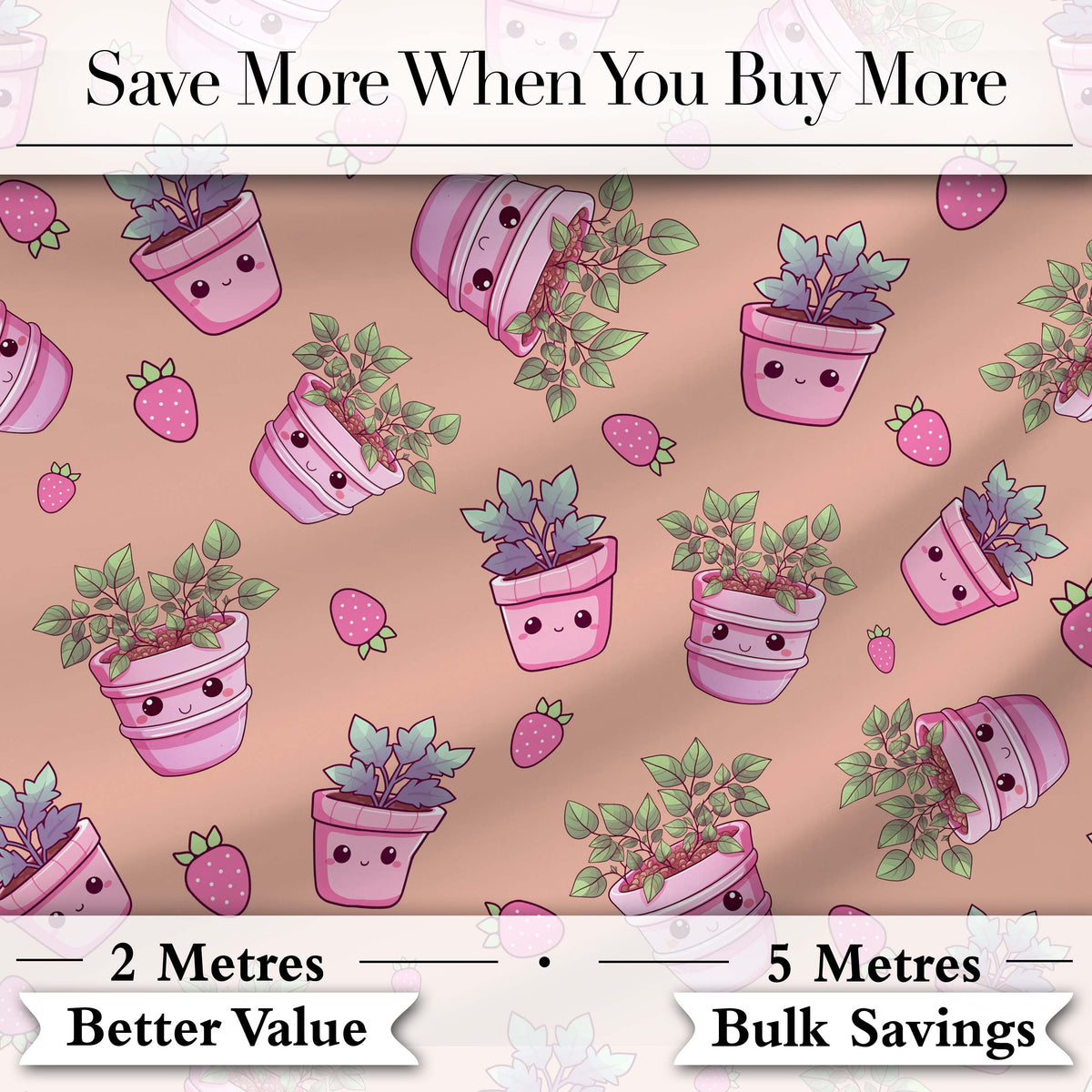 Cute Pink Plant Pots Leaves Strawberry Seamless Pattern Peach Background Digital Print Fabric by the Metre UK Sewing Quilting Textile