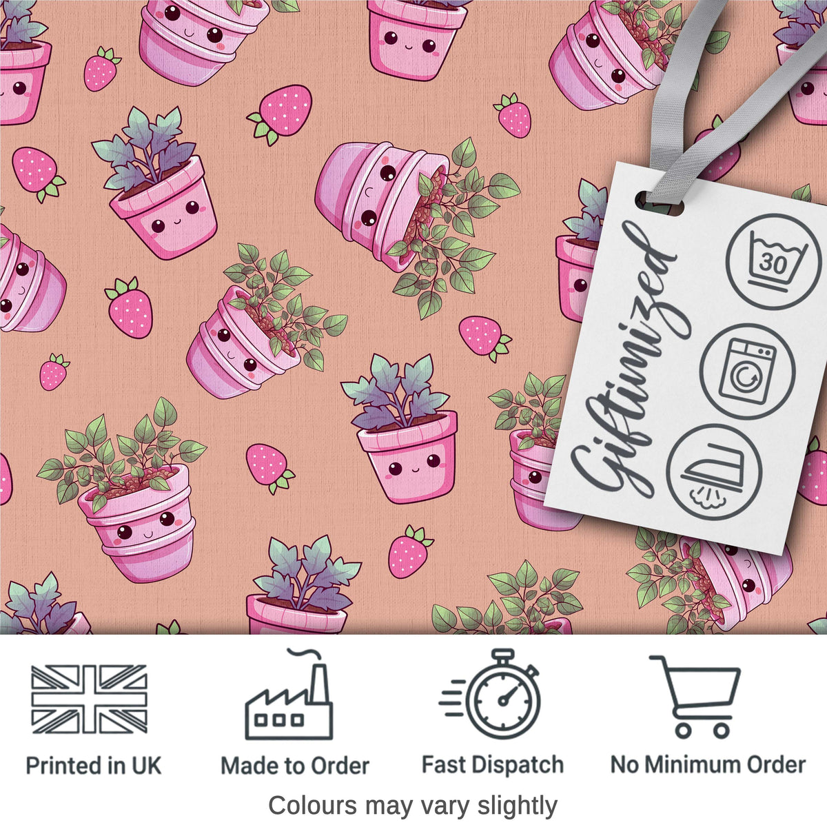Cute Pink Plant Pots Leaves Strawberry Seamless Pattern Peach Background Digital Print Fabric by the Metre UK Sewing Quilting Textile