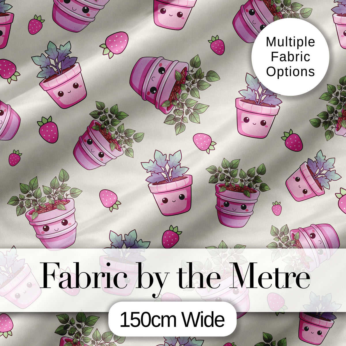 Cute Pink Plant Pots Leaves Strawberry Seamless Pattern Cream Background Digital Print Fabric by the Metre UK Sewing Quilting Textile