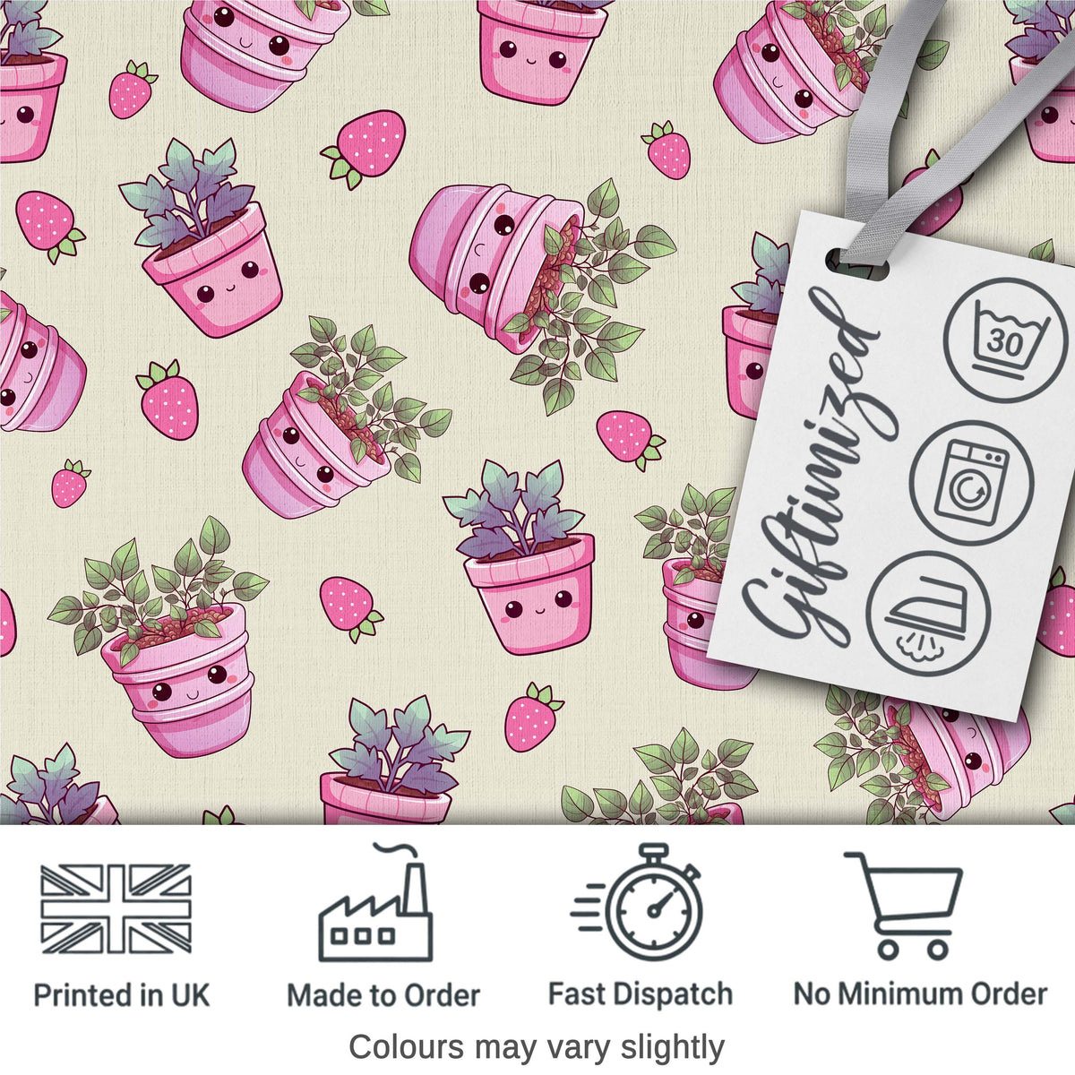 Cute Pink Plant Pots Leaves Strawberry Seamless Pattern Cream Background Digital Print Fabric by the Metre UK Sewing Quilting Textile