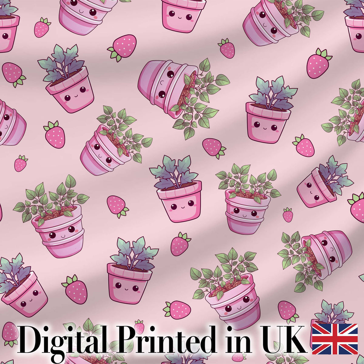 Cute Pink Plant Pots Leaves Strawberry Seamless Pattern Blush Background Digital Print Fabric by the Metre UK Sewing Quilting Textile