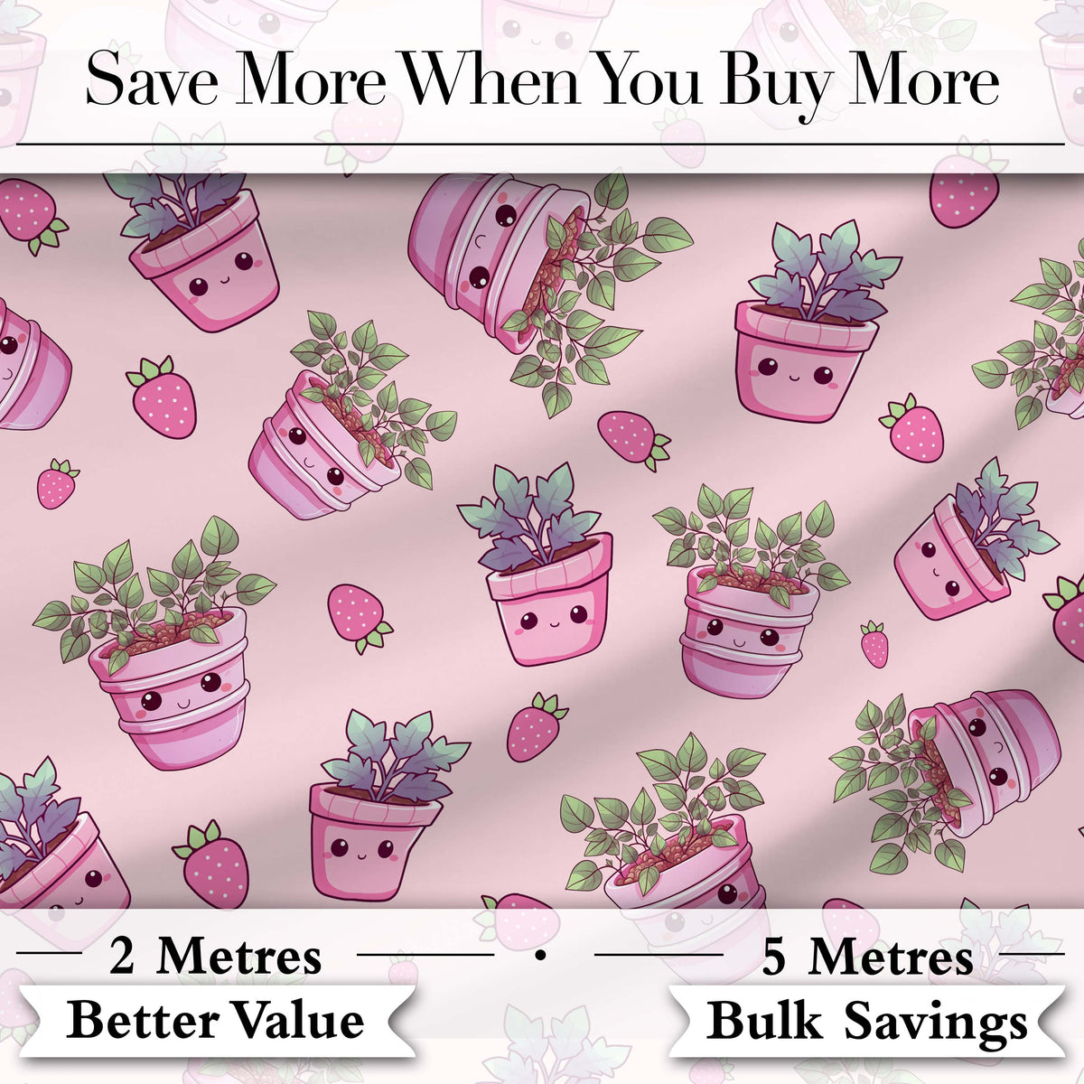 Cute Pink Plant Pots Leaves Strawberry Seamless Pattern Blush Background Digital Print Fabric by the Metre UK Sewing Quilting Textile