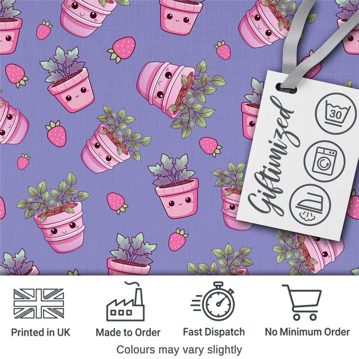 Cute Pink Plant Pots Leaves Strawberry Seamless Pattern Lavender Background Digital Print Fabric by the Metre UK Sewing Quilting Textile