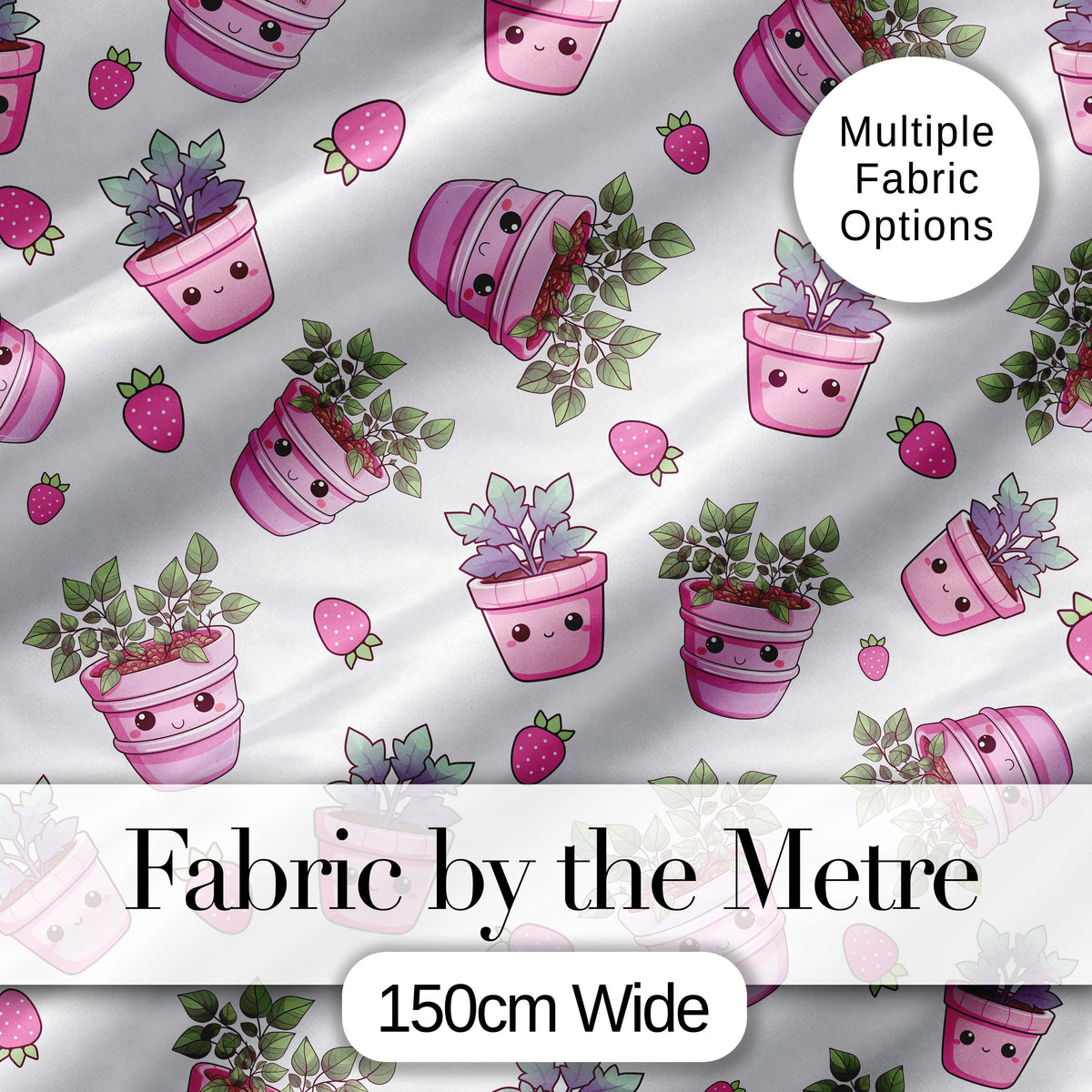 Cute Pink Plant Pots Leaves Strawberry Seamless Pattern Light Grey Background Digital Print Fabric by the Metre UK Sewing Quilting Textile