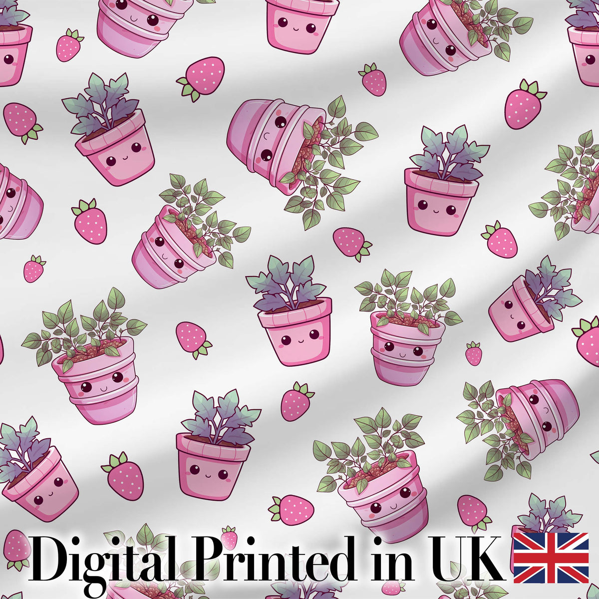 Cute Pink Plant Pots Leaves Strawberry Seamless Pattern Light Grey Background Digital Print Fabric by the Metre UK Sewing Quilting Textile